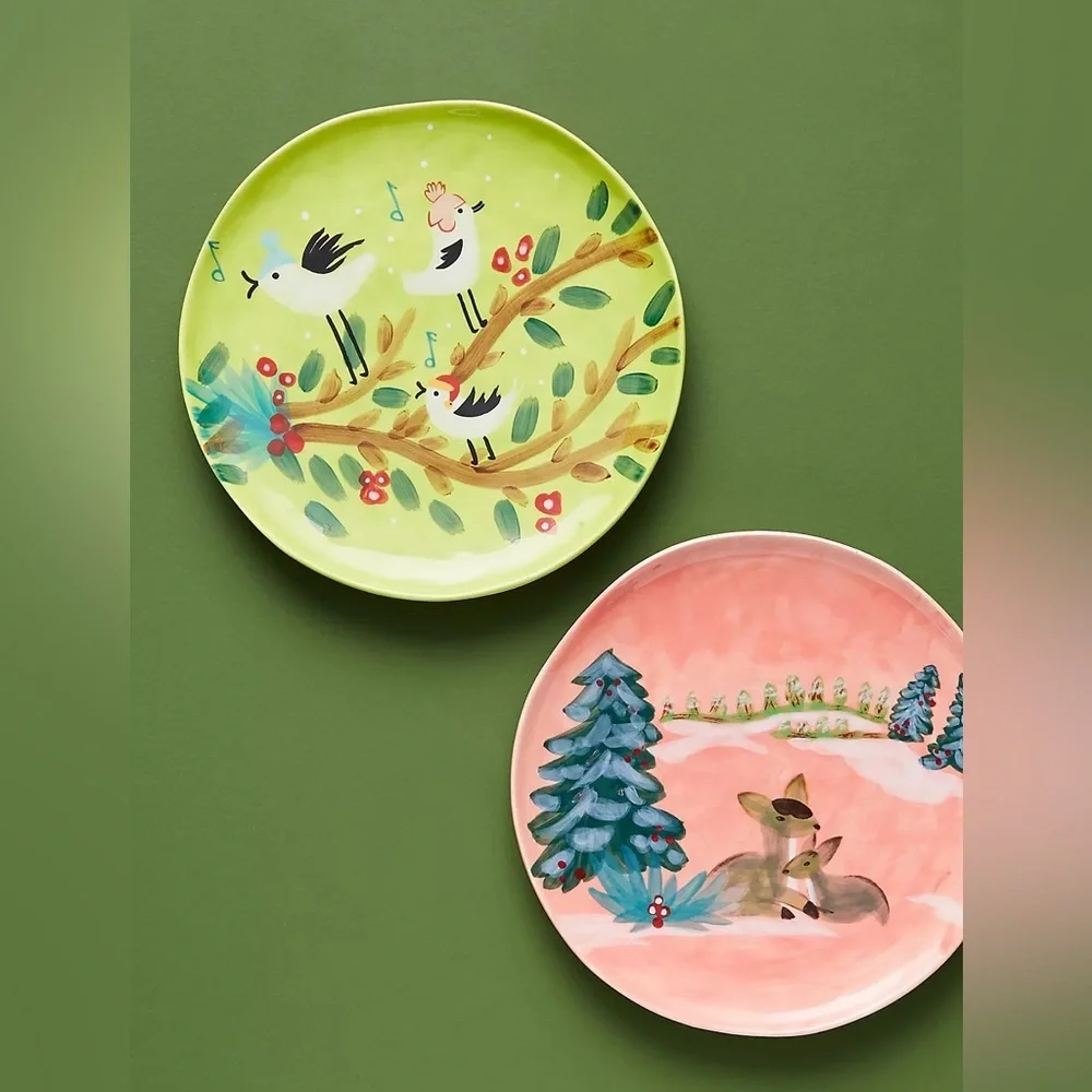 Anthropologie Scenic Woodland Forest Birds Stoneware Dessert Plate